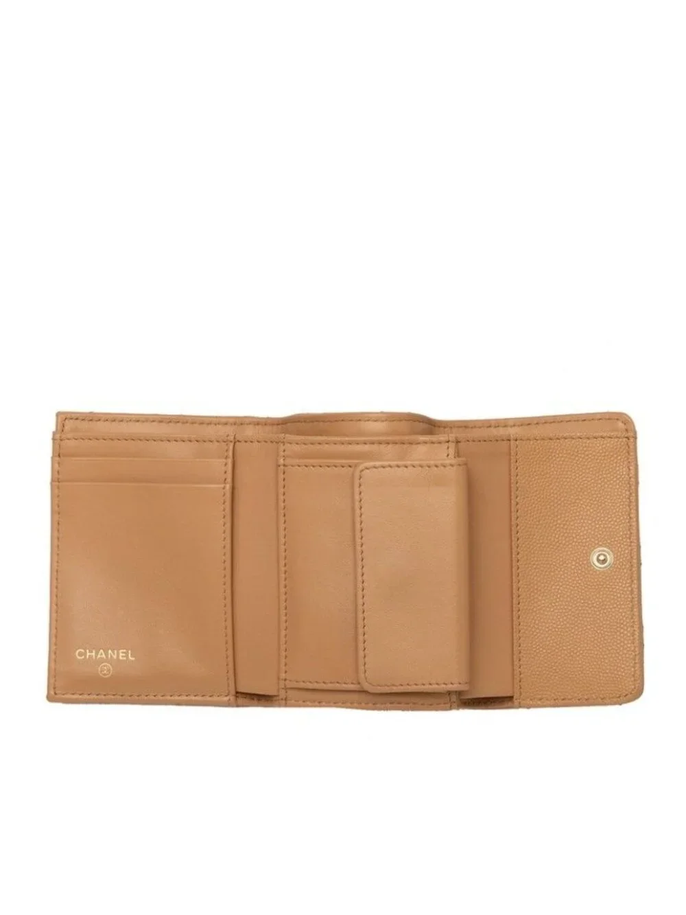 Chanel CC Logo Compact Wallet Trifold Beige Brown Canvas